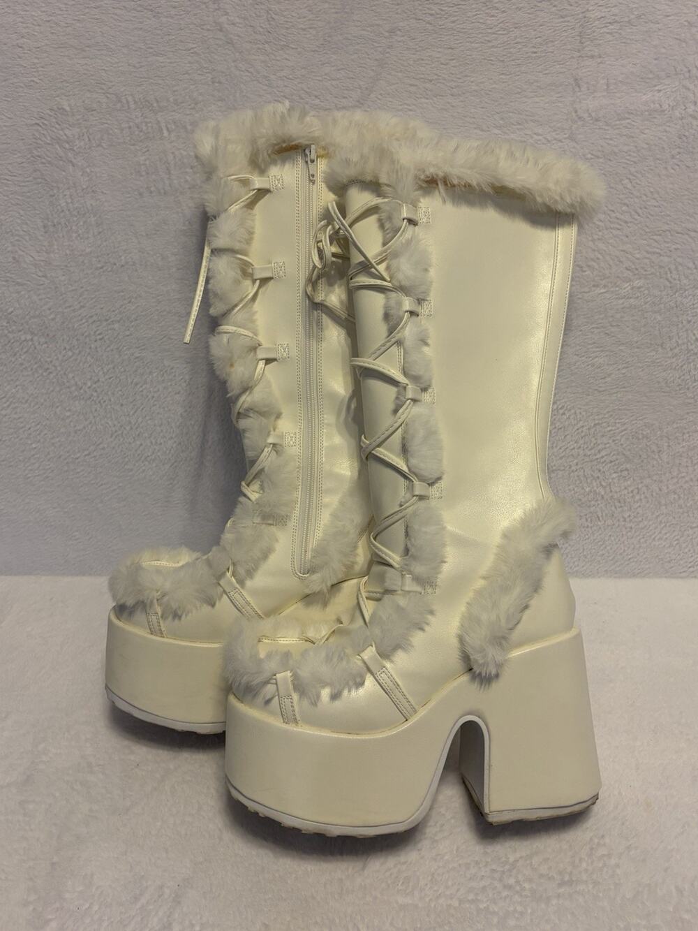 Demonia White Knee High Camel 311 Vegan Leather Faux Fur Boots Women’s Size 10